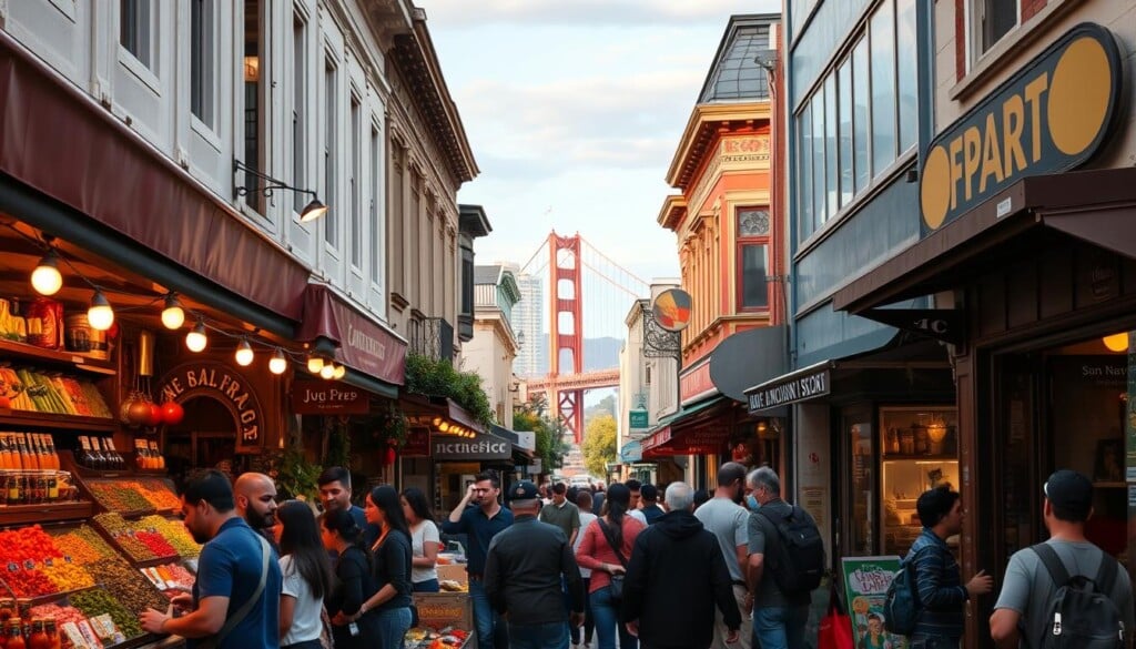 A bustling street scene in San Francisco's vibrant Mission District, showcasing the diverse array of Indian culinary delights. In the foreground, a colorful array of spices, herbs, and fresh produce spills out from the stalls of a lively outdoor market. Patrons browse the wares, their faces lit by the warm glow of string lights overhead. In the middle ground, the facades of quaint Indian restaurants and specialty shops line the sidewalks, their windows adorned with intricate patterns and vibrant signage. In the background, the iconic San Francisco skyline rises, with the Golden Gate Bridge visible in the distance, creating a striking juxtaposition of the city's landmarks and the flavors of India.