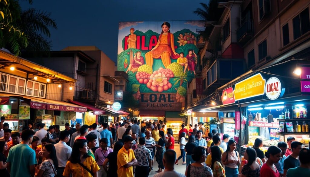 A bustling street scene in a vibrant Filipino community, illuminated by warm, golden lighting. In the foreground, a diverse group of people gathered around a central plaza, engaged in lively conversation and enjoying local cuisine. In the middle ground, colorful storefronts and street vendors selling traditional Filipino dishes and crafts. In the background, a towering mural depicting the rich cultural heritage and community spirit. The atmosphere is one of togetherness, connection, and the celebration of shared traditions, reflecting the role of LocalZ in bridging neighborhoods and bringing people together.