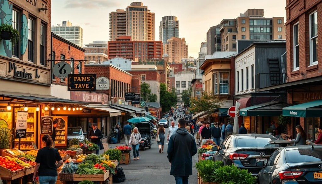 A bustling street scene in a vibrant local community, showcasing the diversity of small businesses thriving in the heart of the city. In the foreground, a farmer's market overflows with fresh produce, local artisans display their handcrafted wares, and patrons enthusiastically browse the stalls. The middle ground features a mix of independent retail shops, cafes, and community hubs, their facades adorned with colorful murals and decorative signs. In the background, towering buildings with a mix of architectural styles create a harmonious urban landscape, bathed in warm, golden-hour lighting that casts a welcoming glow over the scene. The overall atmosphere conveys a sense of community, economic vitality, and pride in supporting local enterprises.