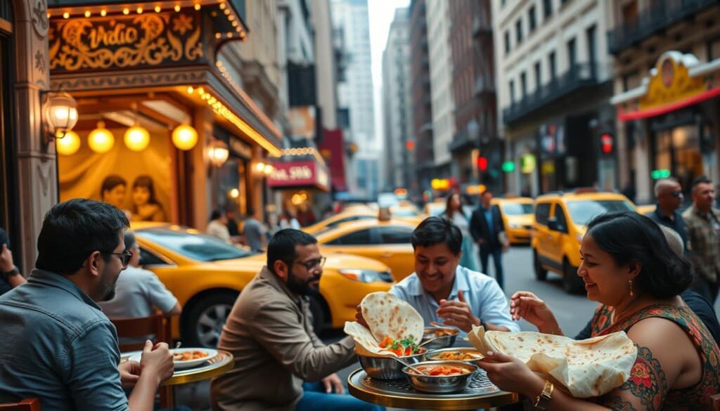 A bustling street scene in the heart of New York City, showcasing the vibrant Indian culinary culture. In the foreground, a group of diners enjoying a delectable spread of fragrant curries, fluffy naan, and colorful chutneys. The middle ground features the facade of a renowned Indian restaurant, its ornate architectural details illuminated by warm, golden lighting. In the background, a blur of pedestrians and yellow cabs, capturing the lively energy of the city. The overall atmosphere is one of multicultural celebration, where the aromas of spices and the sounds of lively conversation mingle, creating an immersive and mouthwatering experience.
