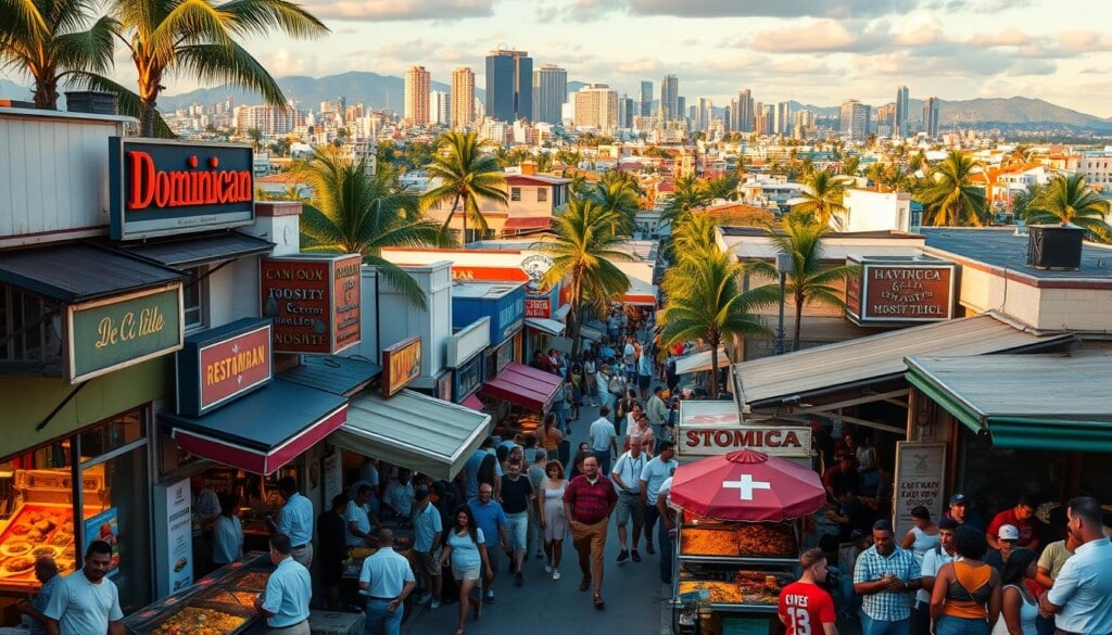 A bustling street scene of thriving Dominican restaurants across the USA, showcasing a vibrant and diverse culinary landscape. In the foreground, an array of colorful storefronts and enticing displays of traditional Dominican dishes, from hearty stews to vibrant rice and bean platters. A mix of modern and classic architectural styles create a dynamic middle ground, with lively crowds of diners enjoying the authentic flavors. In the background, a cityscape dotted with skyscrapers and palm trees, reflecting the growing presence of Dominican cuisine in the cultural fabric of the country. Warm, golden lighting casts a welcoming glow, capturing the energy and pride of the Dominican food revolution.