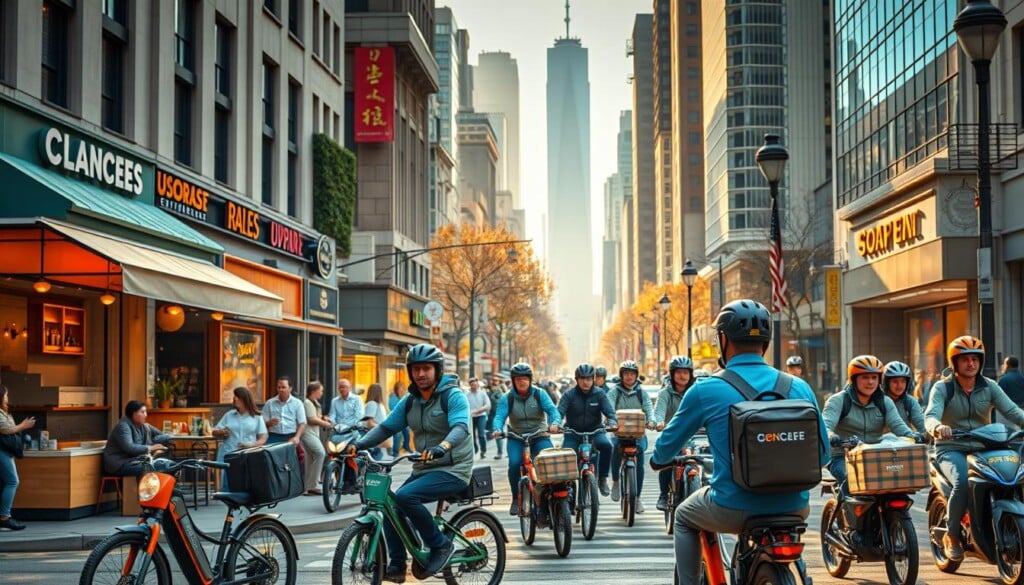 A bustling street scene showcasing local food delivery services in action. In the foreground, a group of delivery workers on bicycles and scooters, their insulated bags and branded uniforms evident. In the middle ground, a variety of local eateries and cafés, their enticing aromas wafting through the air. In the background, a vibrant cityscape with skyscrapers and pedestrians, all illuminated by warm, golden afternoon sunlight filtered through a slightly hazy atmosphere. The overall mood is one of energetic movement, community, and the convenience of accessible, high-quality local food options.