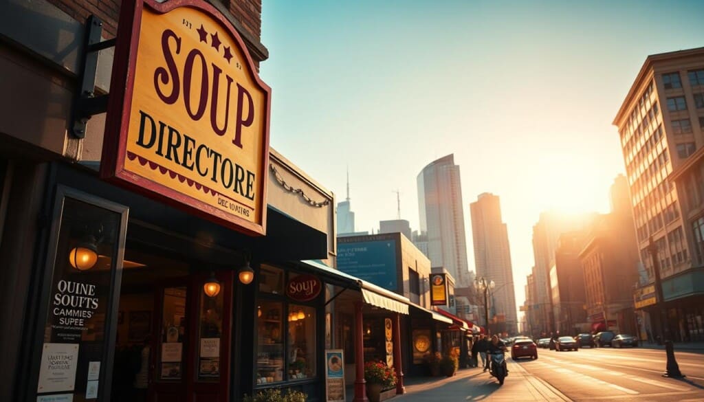 A bustling street scene with a charming soup directory sign in the foreground, its vintage-inspired design and warm lighting creating an inviting atmosphere. In the middle ground, quaint storefronts line the sidewalk, their windows displaying an array of soup offerings. The background features a lively cityscape with towering buildings, a clear blue sky, and the sun casting a golden glow over the entire scene. The overall aesthetic evokes a sense of local community and a passion for homemade, comforting soups.