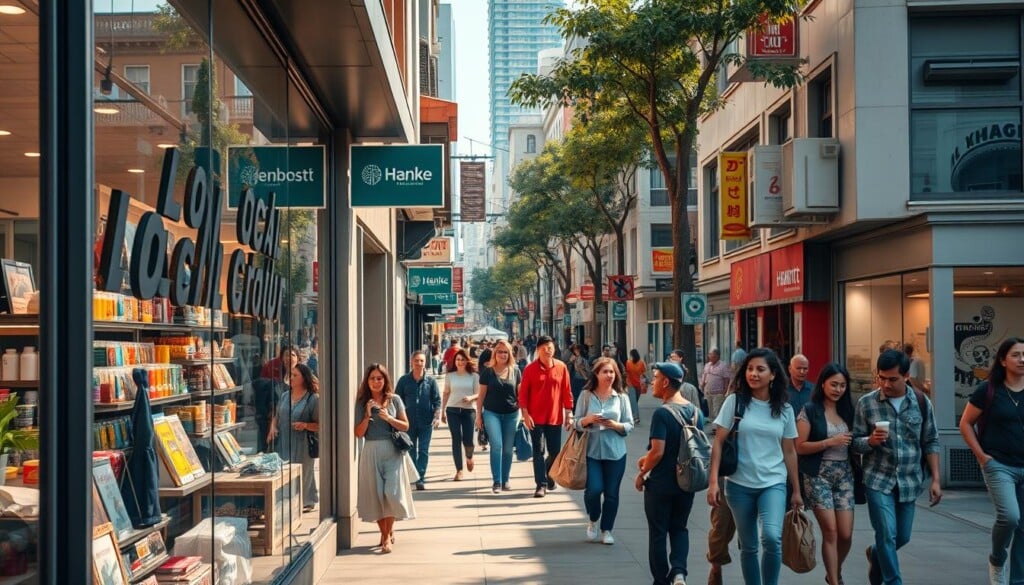 A bustling street scene, with a modern, vibrant storefront in the foreground. The storefront has a large window display showcasing an array of local products and services, inviting passersby to explore. In the middle ground, people of diverse backgrounds stroll along the sidewalk, engaging with the businesses around them. The background features a mix of other local shops, restaurants, and offices, creating a lively urban landscape. The lighting is warm and natural, casting a welcoming glow over the entire scene. The angle is slightly elevated, capturing the energy and interconnectedness of the local community.