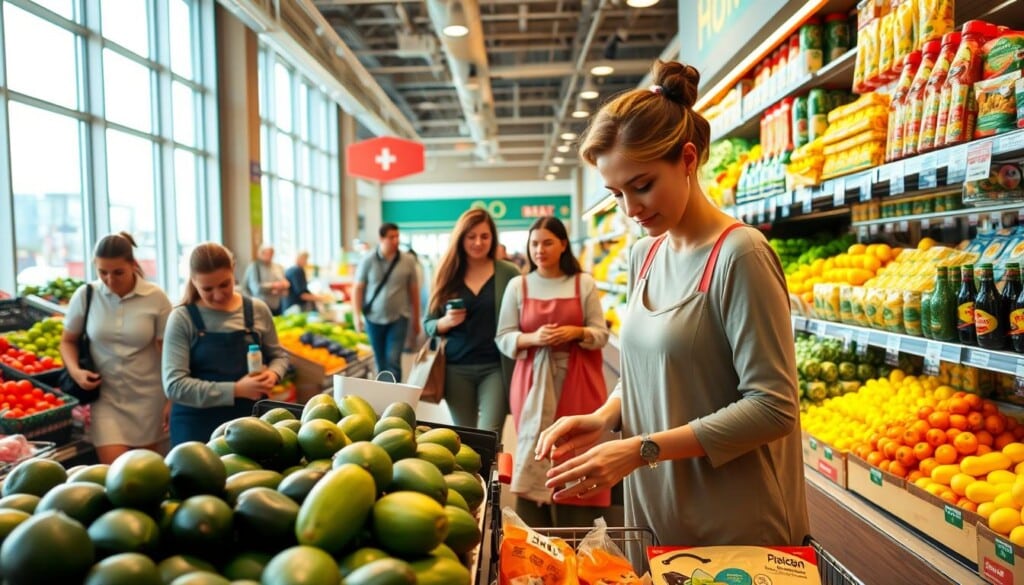 A bustling supermarket aisle, vibrant with colorful displays of fresh produce. Shoppers casually stroll past, examining the selection with focused intent. Natural light filters in through large windows, casting a warm, inviting glow over the scene. In the foreground, a shopper carefully selects ripe avocados, considering each one with a discerning eye. Further back, a mother and child browse the bountiful aisles, fingers tracing over the crisp labels of packaged goods. The overall atmosphere exudes a sense of calm efficiency, where the simple act of grocery shopping becomes an enjoyable, almost leisurely experience.
