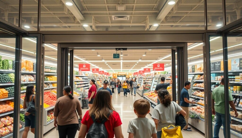 A bustling supermarket entrance, with automatic doors sliding open to reveal a vast, well-lit interior. Shoppers of diverse backgrounds peruse vibrant displays of fresh produce, colorful aisles of neatly stocked shelves, and efficient checkout counters. Overhead, a high ceiling creates a sense of openness, while strategically placed lighting casts a warm, inviting glow. In the foreground, a family ponders their options, weighing the pros and cons of different supermarkets based on their specific needs - product selection, pricing, convenience, and customer service. The overall scene conveys a sense of choice, efficiency, and the importance of finding the right supermarket to meet one's shopping requirements.