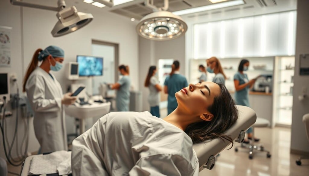A bustling surgical suite bathed in soft, clinical lighting. In the foreground, a patient reclines on an examination table, their features subtly enhanced by the skilled hands of a cosmetic surgeon. In the middle ground, nurses and assistants move with practiced efficiency, preparing the latest cutting-edge tools and technologies. The background reveals a sleek, modern waiting area, where potential patients browse before their consultations, envisioning their own transformations. An atmosphere of professionalism, innovation, and patient-centered care pervades the scene, capturing the essence of the top cosmetic surgery trends in the United States.