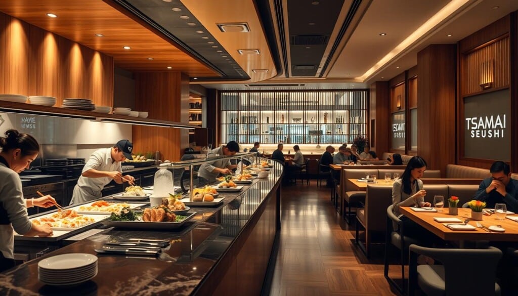 A bustling sushi restaurant interior, featuring a clean, modern design with sleek wooden furnishings and minimalist decor. The focal point is a striking sushi bar where skilled chefs meticulously prepare an array of fresh, artfully presented sushi dishes. The lighting is soft and warm, creating a calming, upscale ambiance. In the background, patrons are seated at intimate tables, enjoying conversations and the delectable flavors of the sushi. The scene conveys a sense of precision, quality, and the vibrant culture of sushi dining.