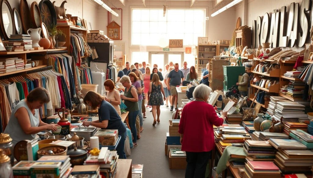 A bustling thrift store filled with an eclectic array of pre-loved treasures, the stage is set for a lively fundraiser. In the foreground, a group of enthusiastic volunteers sort through donations, meticulously organizing them by category - vintage clothing, kitchenware, books, and more. Vibrant displays of unique items beckon potential buyers, their curiosity piqued by the promise of one-of-a-kind finds. In the middle ground, shoppers browse the aisles, their eyes dancing from one fascinating object to the next, while the background is a warm, inviting space bathed in soft, natural light streaming through large windows. The atmosphere is one of community, excitement, and the thrill of the hunt, perfectly capturing the essence of a successful thrift store fundraiser.