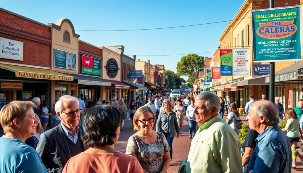 A bustling town square, bathed in warm afternoon light, showcases a vibrant array of local businesses and community initiatives. In the foreground, a group of community leaders discuss funding opportunities, their faces animated with enthusiasm. In the middle ground, colorful banners and signage advertise various civic programs, from small business grants to neighborhood revitalization projects. The background is filled with the lively activity of the town, people strolling, children playing, and the occasional vehicle passing by. The scene conveys a sense of optimism, collaboration, and a shared commitment to the betterment of the local community.