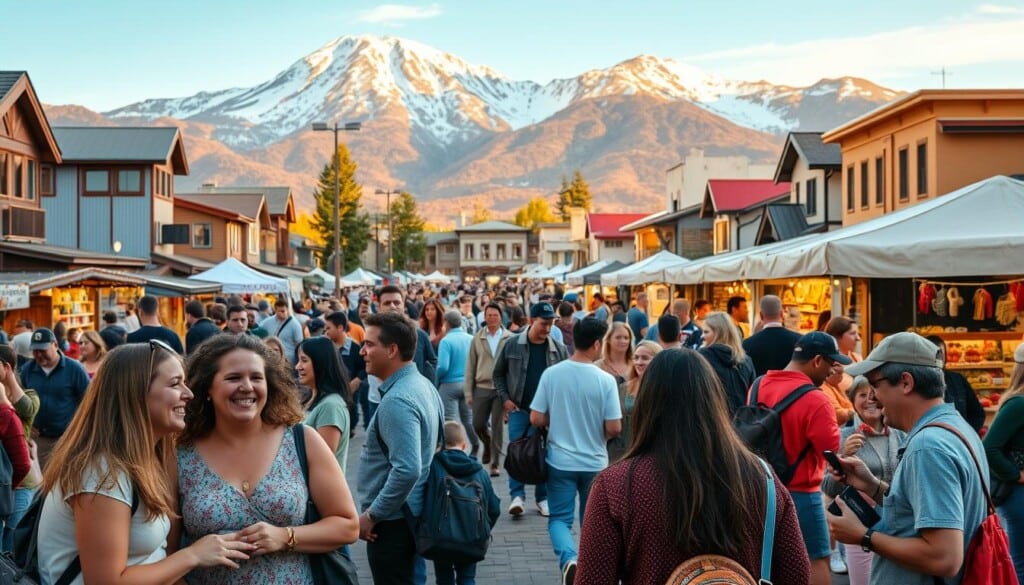 A bustling town square, filled with a diverse group of community members engaged in lively discussions, local vendor booths, and vibrant activities. In the foreground, a group of friends laughing and sharing experiences, while in the middle ground, families browse handmade crafts and sample local cuisine. The background is a picturesque landscape, with a towering snow-capped mountain range and a clear blue sky, illuminated by warm, natural lighting. The atmosphere exudes a sense of togetherness, collaboration, and a deep connection to the local community.
