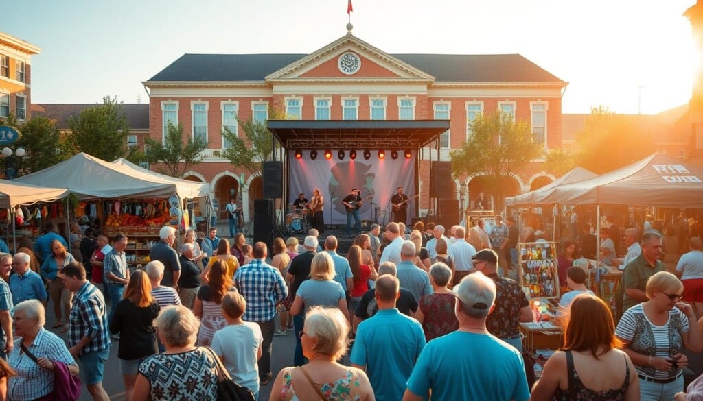 A bustling town square filled with lively community events, local vendors, and engaged residents. In the foreground, people mingle and browse stalls selling handmade crafts, fresh produce, and local delicacies. In the middle ground, a stage hosts a live performance by a talented local band, their music spilling out into the energetic crowd. The background features an iconic town hall or community center, its architecture bathed in warm, golden sunlight that creates a welcoming, inviting atmosphere. The scene conveys a sense of civic pride, collaboration, and a vibrant, thriving local community.