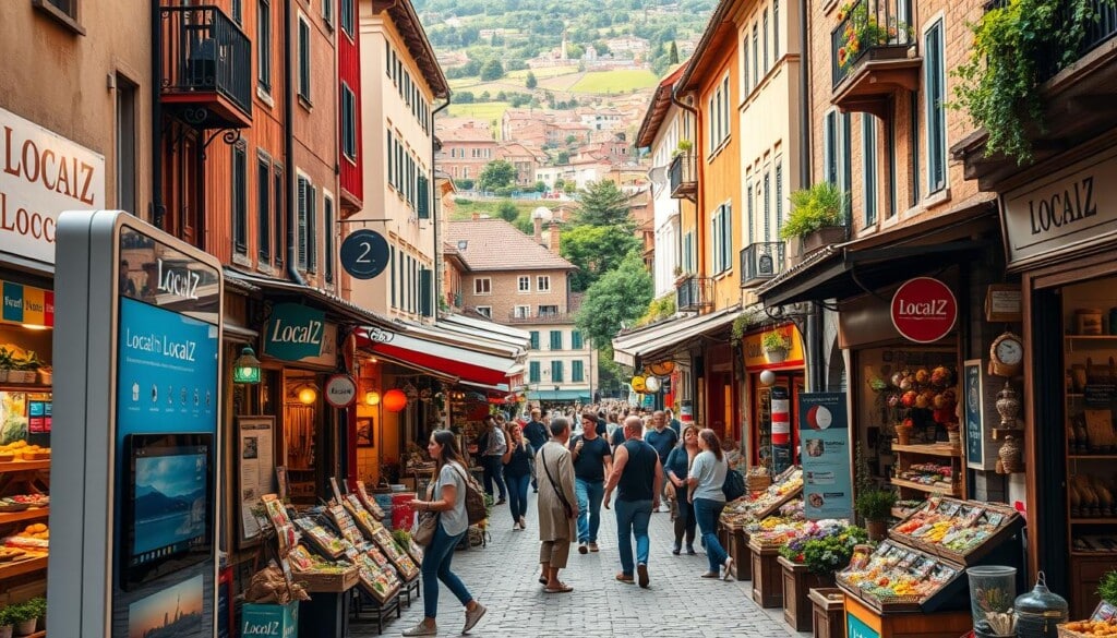 A bustling town square filled with vibrant storefronts showcasing the products of local merchants. In the foreground, the LocalZ platform stands as a central hub, its sleek digital interface and interactive kiosks connecting shoppers to the diverse offerings of the community. Surrounding it, a diverse array of specialty shops and artisanal stalls, their facades adorned with weathered wood, wrought-iron accents, and colorful signage. The midground is a lively scene of pedestrians browsing the wares, chatting with vendors, and sampling local delicacies. In the background, a picturesque streetscape with historic buildings, cobblestone alleyways, and a glimpse of a verdant town square. Warm, natural lighting bathes the scene, creating a cozy, inviting atmosphere that celebrates the unique character of this vibrant, hyperlocal marketplace.