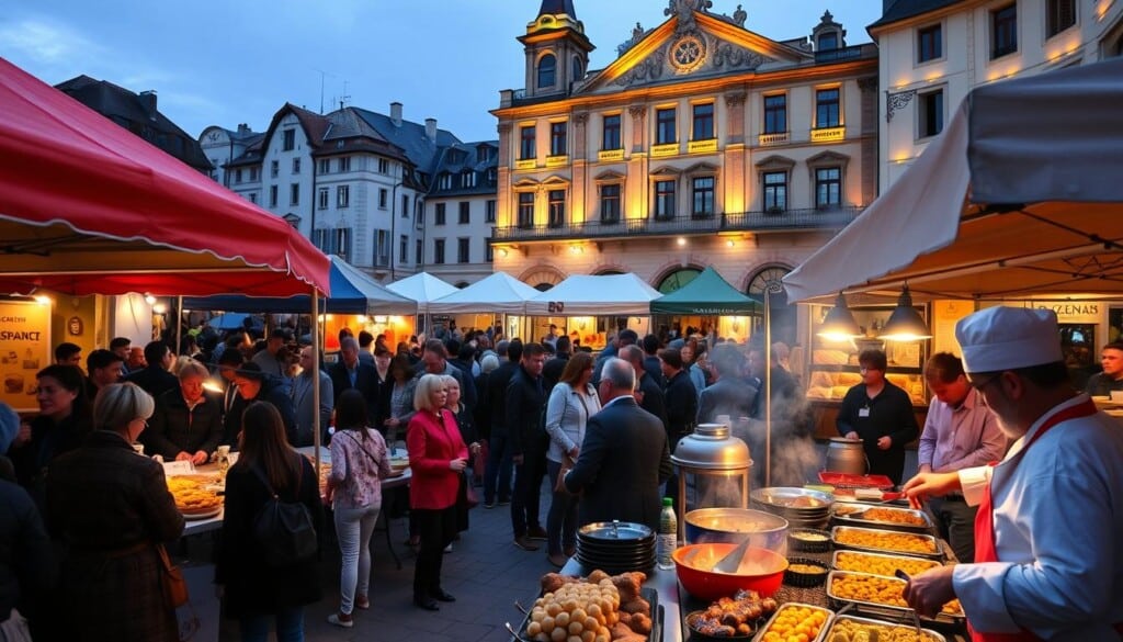 A bustling town square in a Basque region, filled with vibrant tents and stalls showcasing the local cuisine. In the foreground, a lively crowd gathers around a chef expertly preparing traditional dishes, the aroma of sizzling meats and simmering sauces permeating the air. In the middle ground, artisanal food vendors offer an array of Basque delicacies, from hearty stews to freshly baked bread. The background features a historic Basque-style building, its ornate facade bathed in warm, golden lighting. The scene is infused with a festive atmosphere, capturing the essence of a community coming together to celebrate and share its rich culinary heritage.