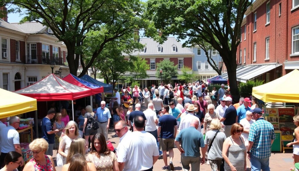 A bustling town square on a sunny afternoon, with local residents gathered around colorful tents and booths showcasing community events. In the foreground, a group of people mingling and browsing handmade crafts, while in the middle ground, a live music performance captivates the crowd. The background features historic buildings and lush trees, creating a warm, inviting atmosphere. The scene is captured with a wide-angle lens, conveying a sense of energy and vibrant civic engagement.