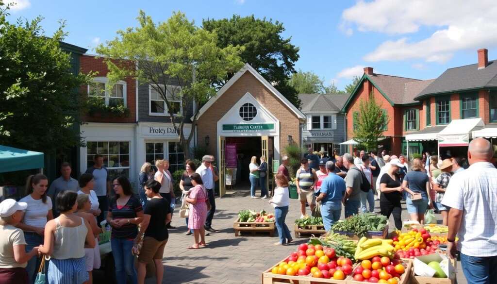 A bustling town square on a sunny day, with people of all ages and backgrounds gathering to support local businesses. In the foreground, a farmer's market stalls overflow with fresh produce, vendors chatting with patrons. In the middle ground, a small community center stands, its doors open, welcoming visitors to attend a charity event. The background is filled with quaint shops and cafes, their windows displaying handmade crafts and homemade treats. The overall atmosphere is one of vibrant community engagement, where residents come together to uplift and support one another.
