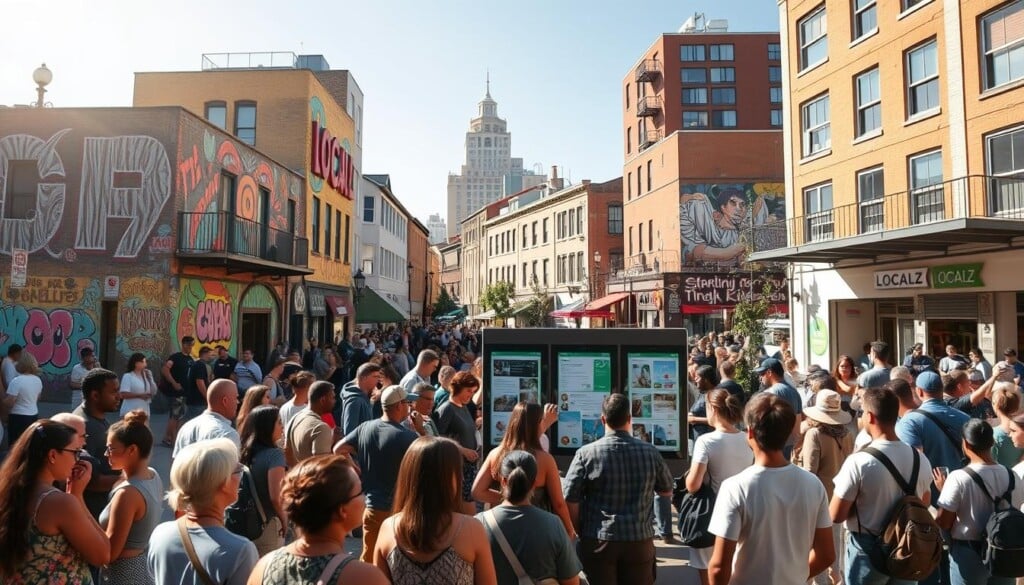 A bustling town square, sun-dappled and alive with activity. In the foreground, a diverse group of community members gather, connecting, collaborating, and supporting one another through the LocalZ platform. Vibrant murals and street art adorn the buildings, creating a sense of shared identity and pride. In the middle ground, a digital kiosk displays information and resources, encouraging participation and engagement. The background features a mix of modern and historic architecture, symbolizing the blending of tradition and innovation. Warm lighting and a sense of togetherness pervade the scene, conveying the power of LocalZ in fostering community resilience and empowerment.