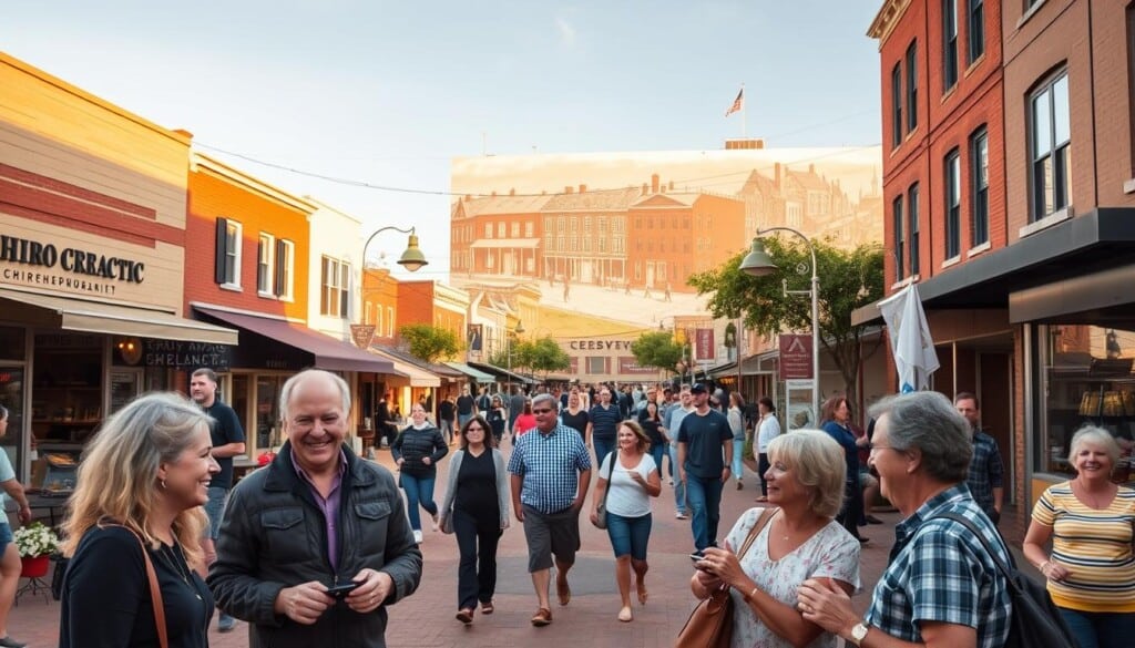 A bustling town square, vibrant with activity and connection. In the foreground, a group of locals engaged in animated conversation, smiling and gesturing warmly. Surrounding them, a diverse array of small businesses - a family-owned chiropractic clinic, a cozy café, a local artisan shop. The middle ground features people of all ages strolling, browsing, and interacting, creating a sense of community and shared purpose. In the background, a large mural depicting the history and spirit of the neighborhood, bathed in warm, golden lighting that casts a welcoming glow over the entire scene. An atmosphere of unity, wellness, and shared civic pride permeates the frame, reflecting the impact a local chiropractor can have on the well-being of their community.