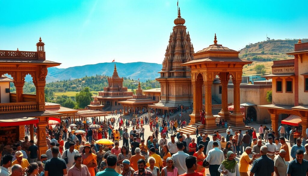 A bustling town square with ancient temples in the background, bathed in warm, golden light filtering through ornate pillars and intricate carvings. In the foreground, a lively community gathers, people of various ages and cultures engaged in vibrant discussions, sharing meals, and participating in traditional ceremonies. The middle ground features a grand, majestic temple, its towering spires and elaborately decorated facades reflecting the deep spiritual connection between the community and its sacred spaces. Surrounding the scene, a serene landscape with rolling hills, lush vegetation, and a clear, azure sky, creating a harmonious blend of the natural and the divine.