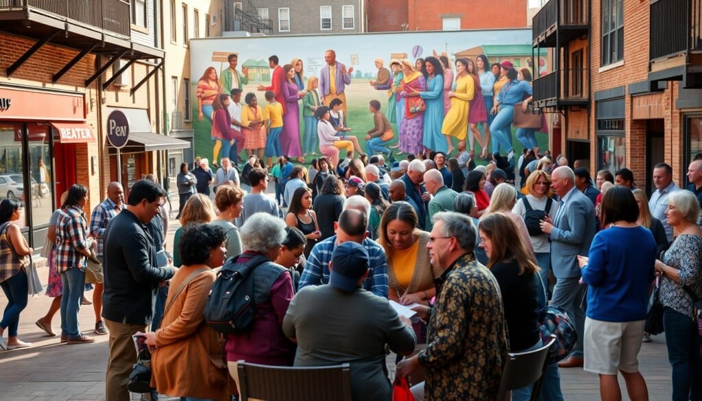 A bustling town square with diverse community members engaged in lively discussions. In the foreground, a group of local business owners and nonprofit leaders clustered around a table, exchanging ideas and reviewing project plans. The middle ground captures families and individuals from all walks of life - students, seniors, and professionals - networking and collaborating on community initiatives. In the background, a vibrant mural depicting scenes of education, literacy, and civic engagement sets the tone. Warm, natural lighting illuminates the scene, creating a sense of unity and shared purpose. The composition is framed by the architectural details of the surrounding buildings, conveying a sense of established, long-standing community partnerships.