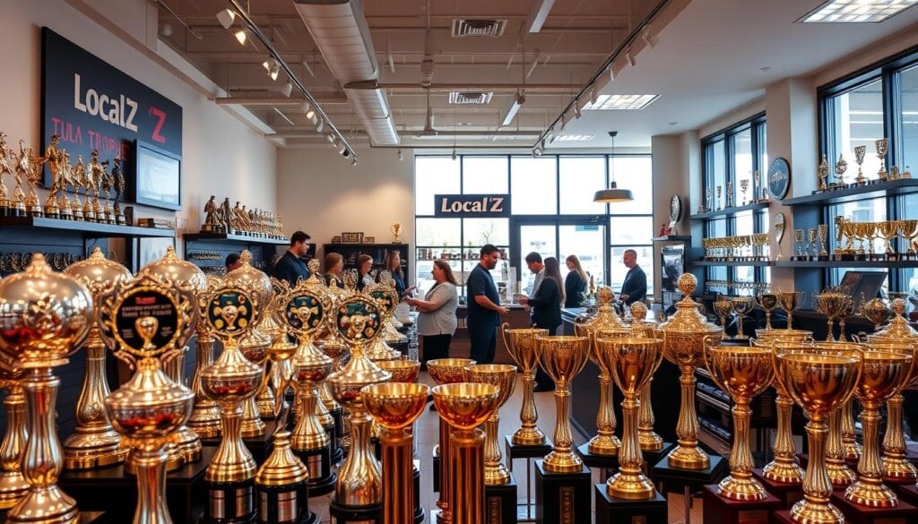 A bustling trophy shop, LocalZ, showcases its expansive collection of custom awards and trophies. In the foreground, a well-lit display features an array of gleaming silver, gold, and bronze trophies, each with intricate designs that capture the spirit of achievement. The middle ground reveals a team of enthusiastic staff, assisting customers in selecting the perfect recognition for their accomplishments. The background depicts a warm, inviting space, with clean lines, subtle decorative elements, and large windows that flood the area with natural light, creating an atmosphere of professionalism and celebration. The overall scene conveys the dedication of LocalZ in connecting individuals and organizations with the perfect custom trophy, honoring their hard-earned successes.