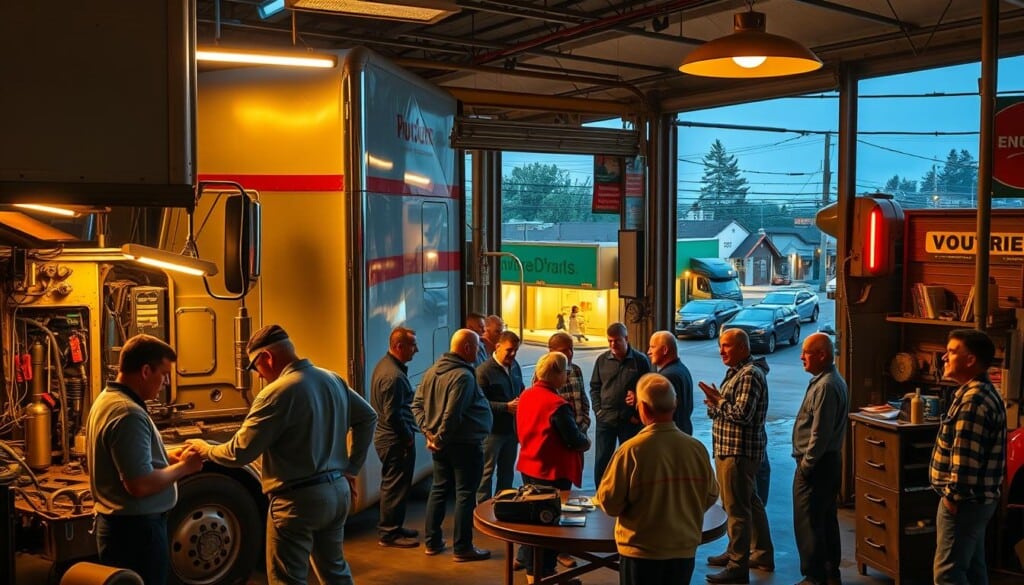 A bustling truck repair shop nestled in the heart of a vibrant community. In the foreground, skilled mechanics diligently work on a large semi-truck, their hands deftly maneuvering tools as they address the vehicle's needs. The shop's interior is bathed in a warm, golden light, casting a cozy atmosphere. In the middle ground, a group of local business owners and residents gather, discussing the importance of the repair shop to the local economy and how it supports their livelihoods. In the background, the streets outside are alive with activity, signaling the shop's integral role in the community's transportation infrastructure. The scene conveys a sense of community, hard work, and the vital impact of local truck repair businesses.