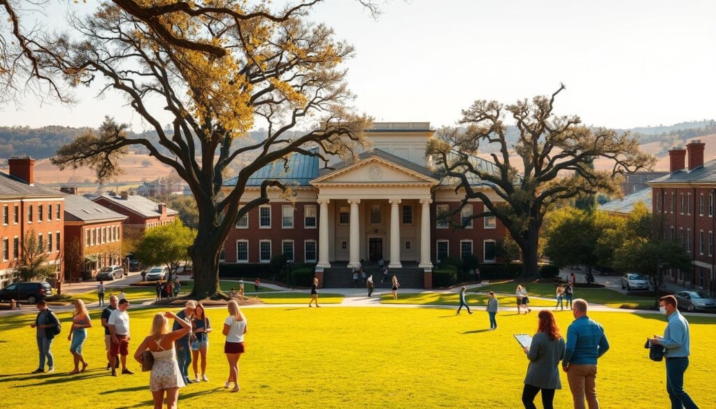 A bustling university campus nestled in the heart of the South, with stately brick buildings and lush landscaping. In the foreground, art students gather on a verdant lawn, their hands and brushes dancing as they capture the essence of the scene. The middle ground features a grand, neoclassical-style art school, its columns and pediments basking in the warm, golden light of the afternoon sun. In the background, a backdrop of rolling hills and towering oak trees, their branches swaying gently in the breeze, creating a picturesque and inspiring setting for the next generation of Southern artists.