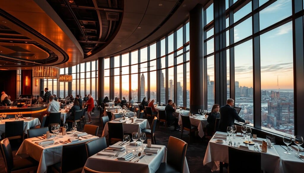 A bustling, upscale steakhouse nestled in a vibrant urban setting, its warm lighting and inviting ambiance drawing in patrons. In the foreground, a well-appointed dining room with crisp white tablecloths, polished silverware, and the aroma of sizzling steaks wafting through the air. Towering windows offer a panoramic view of the city skyline in the background, bathed in the golden glow of sunset. Sleek, modern decor and attentive staff create an atmosphere of refined elegance, perfect for an exceptional dining experience. A showcase of the rise of sophisticated steakhouse chains catering to discerning palates.