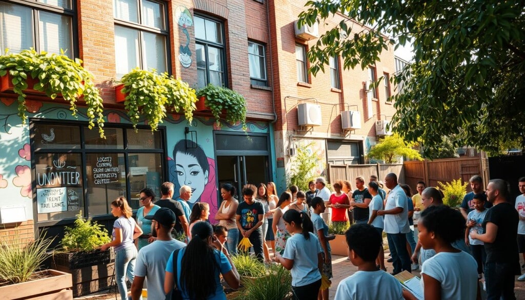A bustling urban community center, its facade adorned with vibrant murals and lush greenery cascading from window boxes. In the foreground, a diverse group of local residents engaged in various initiatives - a gardening workshop, an art class, and a neighborhood cleanup. The atmosphere is one of collaboration, creativity, and a shared sense of purpose. Warm afternoon sunlight filters through the windows, casting a soft glow over the scene. The camera angle captures the energy and dynamism of this thriving community hub, showcasing the LocalZ difference in supporting meaningful local programs.