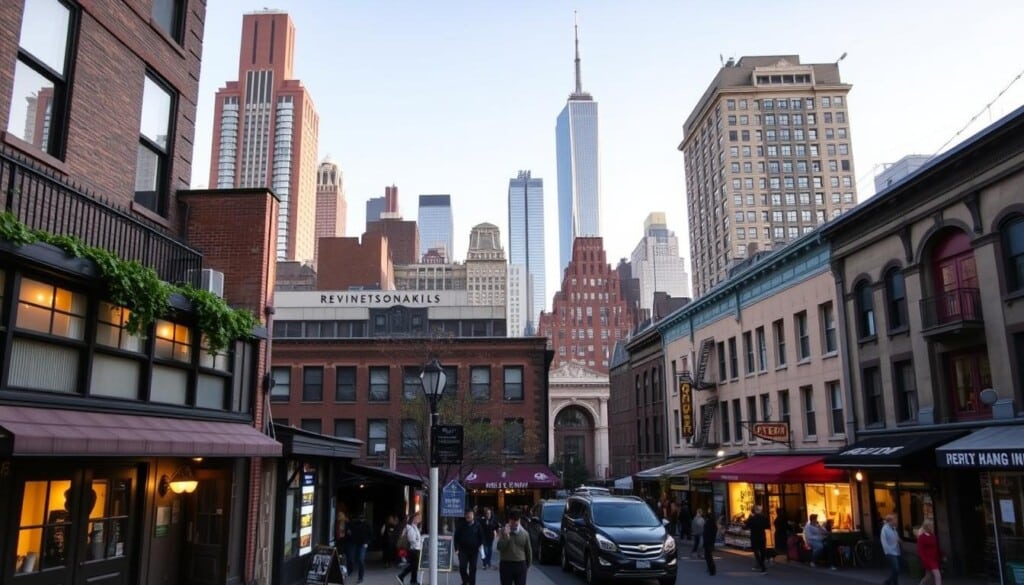 A bustling urban landscape of New York City's iconic hostels, showcasing their distinct architecture and vibrant atmosphere. In the foreground, a cozy hostel facade with warm lighting and inviting entryways. In the middle ground, a busy street scene with pedestrians and local shops, capturing the energetic character of the city. The background features the city's skyline, with towering skyscrapers and a crisp, clear sky, creating a sense of scale and grandeur. The overall mood is one of affordable comfort and urban exploration, reflecting the essence of budget-friendly travel in the Big Apple.