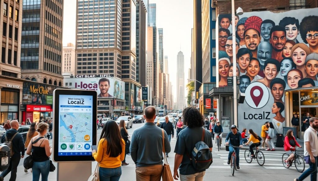 A bustling urban landscape, with towering skyscrapers and vibrant storefronts. In the foreground, a group of people of diverse backgrounds gather around a digital kiosk, engaged in lively conversation. The kiosk's interface displays a map and icons, representing local businesses and community connections. Warm, natural lighting filters through the scene, creating a sense of approachability and collaboration. The middle ground features a mix of pedestrians, cyclists, and vehicles, all moving cohesively through the city streets. In the background, a mural adorns the side of a building, depicting a mosaic of diverse faces and the LocalZ logo, symbolizing the platform's mission to unite communities with local enterprises.