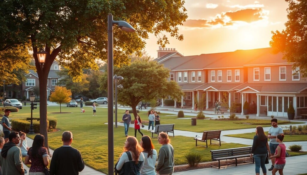 A bustling urban neighborhood, bathed in the warm glow of a setting sun. In the foreground, a group of community members gather around a newly installed streetlight, discussing safety improvements and the role of LocalZ, a local organization dedicated to enhancing public security. The middle ground showcases a well-maintained park, where families and children play, surrounded by lush greenery and modern park benches. In the background, a row of neatly kept townhouses and a local community center, signifying the care and investment in this vibrant, safe neighborhood. The scene conveys a sense of unity, community engagement, and a shared commitment to creating a secure, inclusive environment for all.