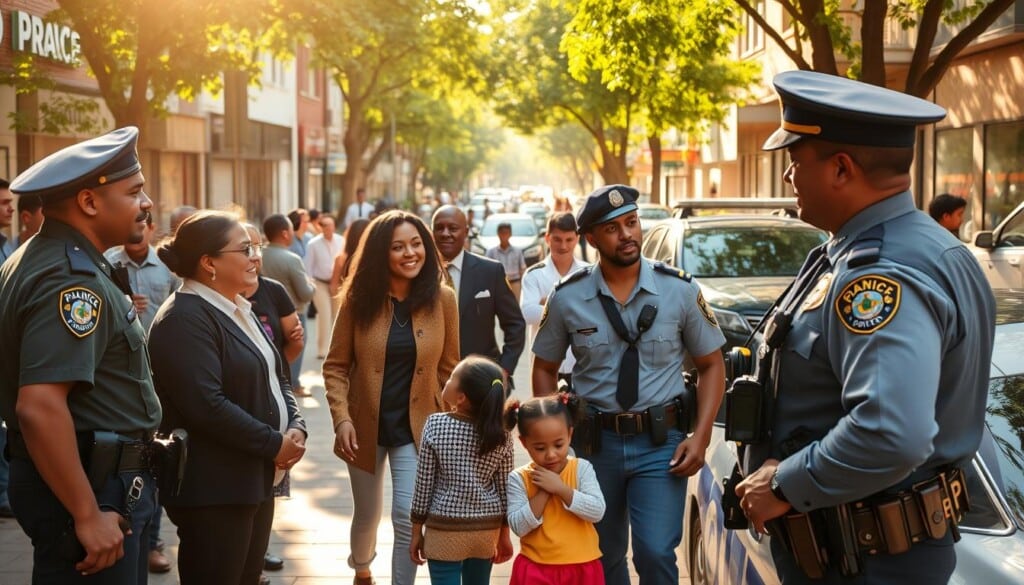 A bustling urban neighborhood, people of diverse backgrounds engaging in open dialogue with uniformed police officers. Warm sunlight filters through the trees, casting a sense of trust and community. In the foreground, a group of neighbors gathered around a police cruiser, discussing local concerns with calm, attentive officers. In the middle ground, a parent and child walking hand-in-hand, nodding approvingly at the scene. The background depicts a lively street, storefronts, and residents going about their daily lives, all under the watchful, yet welcoming presence of the police force. The overall atmosphere conveys a spirit of collaboration, understanding, and a shared commitment to public safety.