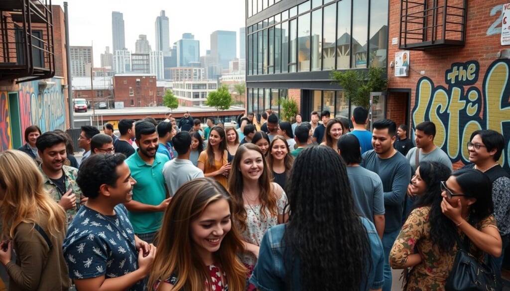 A bustling urban neighborhood with a vibrant community center at its heart. In the foreground, a diverse group of people engaged in lively discussions and collaborative activities, their faces animated with enthusiasm. The middle ground features a modern, open-plan building with large windows, allowing natural light to flood the space and create a warm, inviting atmosphere. The background showcases a cityscape of towering skyscrapers and colorful murals, reflecting the dynamic and inclusive spirit of the LocalZ community. The scene is captured with a wide-angle lens, conveying a sense of energy and connection, and lit by a combination of soft, diffused natural light and subtle artificial illumination.