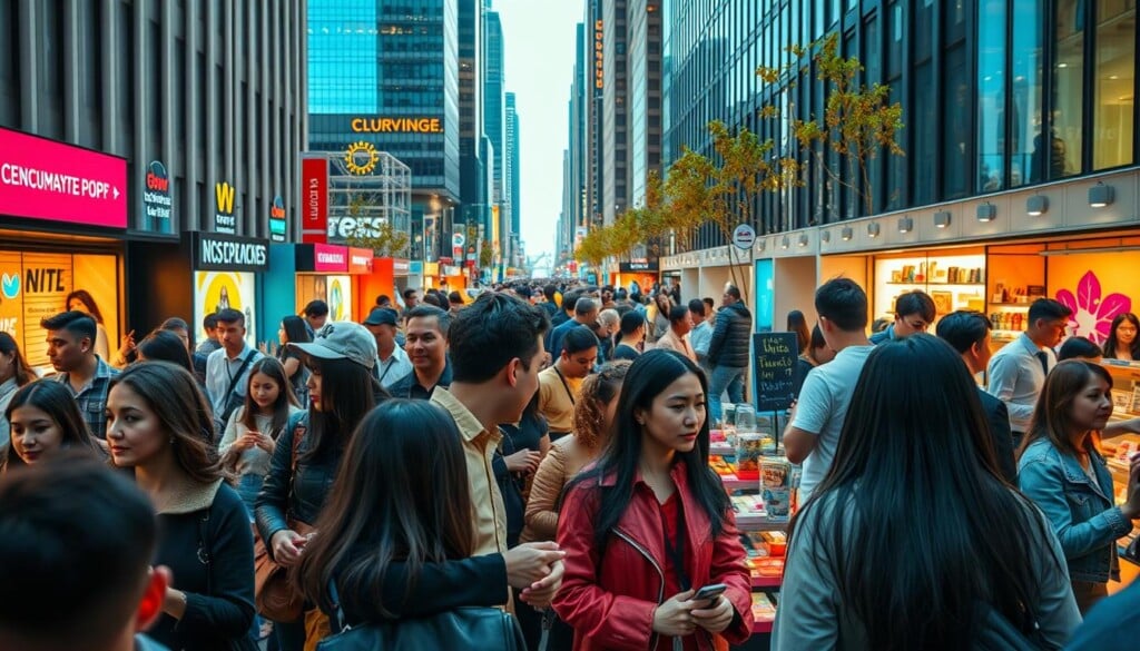 A bustling urban scene showcasing the latest consumer behavior trends, captured through the lens of a high-resolution, wide-angle camera. In the foreground, a dynamic crowd of diverse individuals engages with vibrant pop-up shops, their expressions reflecting a sense of exploration and excitement. The middle ground features an array of colorful, innovative product displays, enticing passersby to discover unique offerings. The background sets the stage with a modern cityscape, its sleek architecture and lively atmosphere conveying the rising popularity of these temporary retail experiences. The scene is illuminated by warm, natural lighting, casting a welcoming glow and inviting the viewer to immerse themselves in this ever-evolving landscape of consumer trends.
