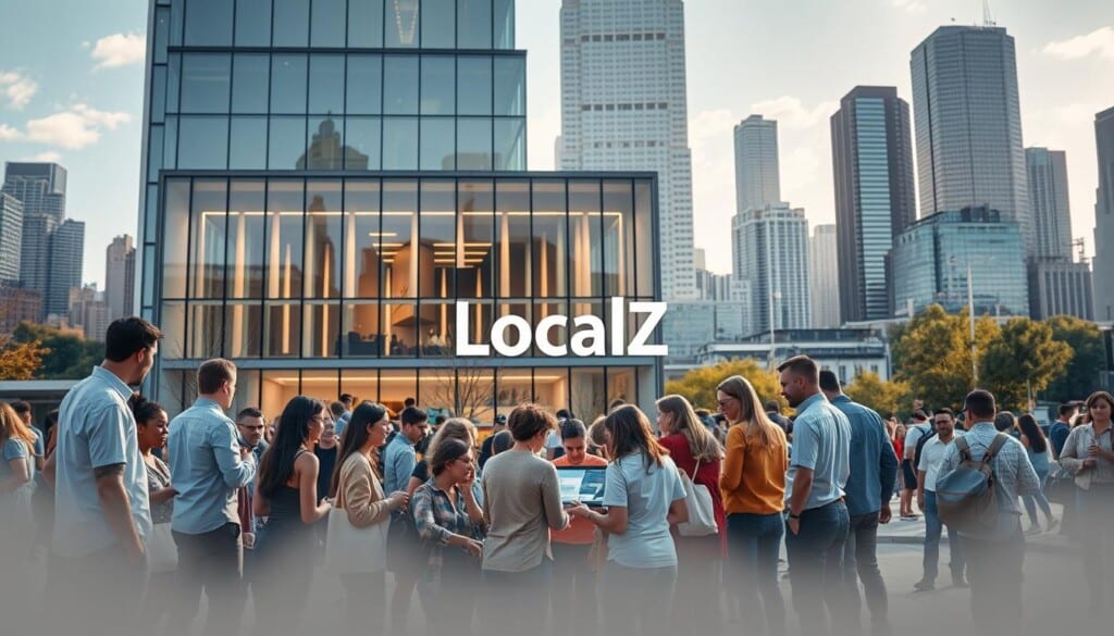 A bustling urban scene showcasing the vibrant community engagement of LocalZ, a cutting-edge platform for local businesses and residents. In the foreground, a diverse group of people gathered around an interactive display, collaborating and sharing ideas. The middle ground features a modern, minimalist building with large windows, reflective of LocalZ's sleek and innovative design. In the background, a cityscape with towering skyscrapers and a clear, sunny sky, suggesting the platform's broad reach and impact. Warm, inviting lighting and a sense of energy and dynamism permeate the scene, capturing the essence of LocalZ's role in fostering local connections and empowering communities.