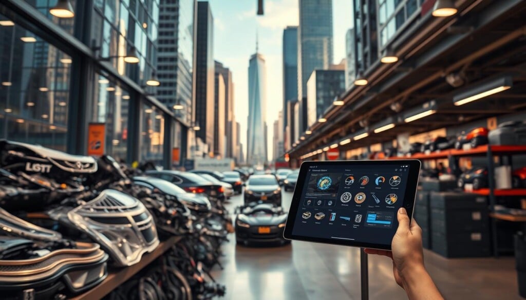 A bustling urban scene where LocalZ, a digital marketplace, seamlessly connects auto part suppliers with consumers. In the foreground, a modern showroom displays a selection of high-quality used auto parts, their pristine condition highlighted by warm, diffused lighting. In the middle ground, an intuitive interface on a tablet showcases LocalZ's user-friendly platform, allowing customers to browse, compare, and purchase parts with ease. The background reveals a cityscape of towering skyscrapers, conveying the scale and reach of this innovative service, bridging the gap between suppliers and consumers in the automotive aftermarket.