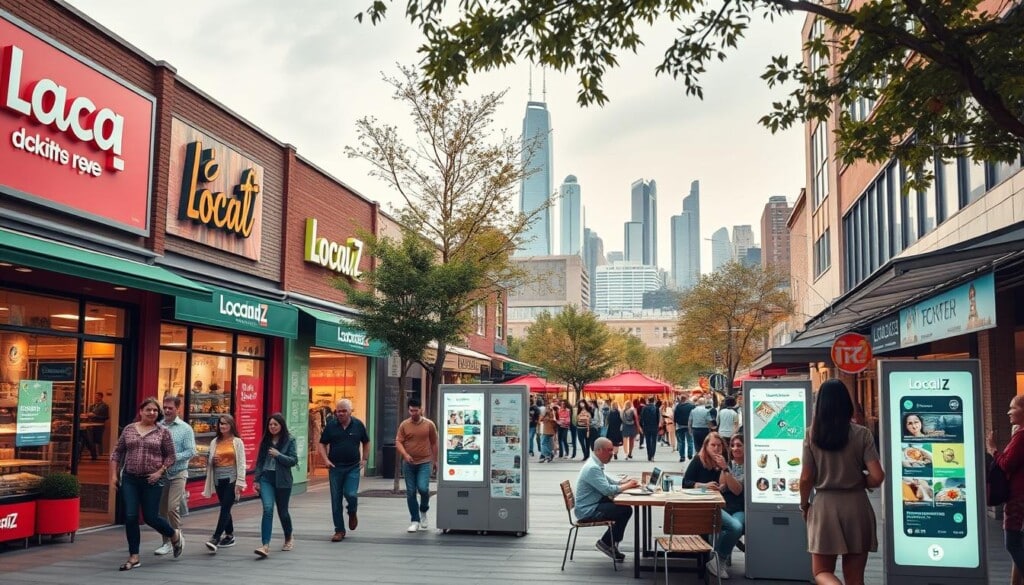 A bustling urban scene where LocalZ, a vibrant community platform, connects local businesses and residents. In the foreground, shoppers stroll past vibrant storefronts, engaging with digital kiosks displaying community events and offerings. The middle ground features a shared public space, with people conversing, sharing meals, and collaborating at outdoor workstations - all seamlessly integrated with LocalZ's interactive interfaces. In the background, a modern skyline rises, symbolizing the growth and innovation driving this thriving local ecosystem. Warm, diffused lighting creates a welcoming atmosphere, while a cinematic, wide-angle lens captures the dynamic energy of this community-centric hub.