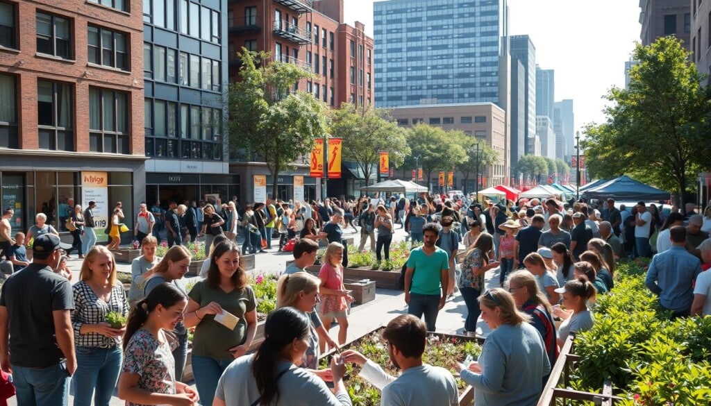 A bustling urban square, sun-dappled and alive with community spirit. Diverse groups of people gather, engaged in a variety of activities - volunteering at a local food drive, tending to a community garden, or participating in a neighborhood cleanup. The foreground features individuals of all ages working together, their expressions warm and collaborative. In the middle ground, colorful banners and signage highlight upcoming events, while in the background, a mix of modern and historic architecture frames the scene, creating a sense of place and belonging. Soft, natural lighting casts a welcoming glow, and the overall atmosphere conveys a genuine sense of civic pride and shared responsibility.