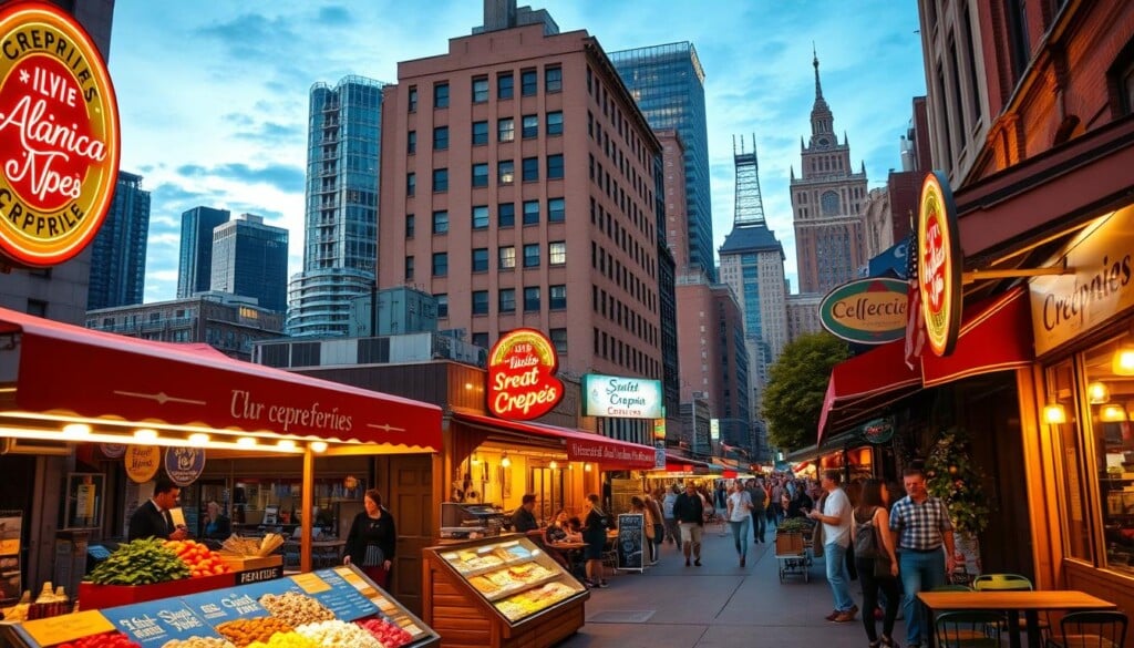A bustling urban street at dusk, the warm glow of neon signs illuminating the rows of charming creperies. In the foreground, a vibrant display of fresh ingredients and toppings, beckoning passersby to indulge in the artisanal delights within. The middle ground reveals quaint outdoor seating areas, where friends and families gather to savor the crepes, blending sweet and savory flavors. In the background, a skyline of modern high-rises and historic buildings, capturing the dynamic blend of old and new that defines the evolving creperie landscape in the US. The scene is bathed in a soft, golden light, creating a cozy and inviting atmosphere that reflects the rising popularity of these beloved French-inspired eateries.