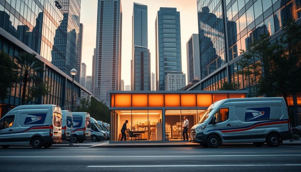 A bustling urban street at dusk, with a modern courier service office in the foreground. Sleek delivery vehicles line the curb, their logos emblazoned on the sides. Inside the office, employees sort packages and prepare them for dispatch. Overhead, a warm glow emanates from the office windows, casting a welcoming atmosphere. The background is a cityscape of towering skyscrapers, their glass facades reflecting the fading daylight. A sense of efficiency and professionalism pervades the scene, showcasing the private courier services as a reliable alternative to traditional post offices.
