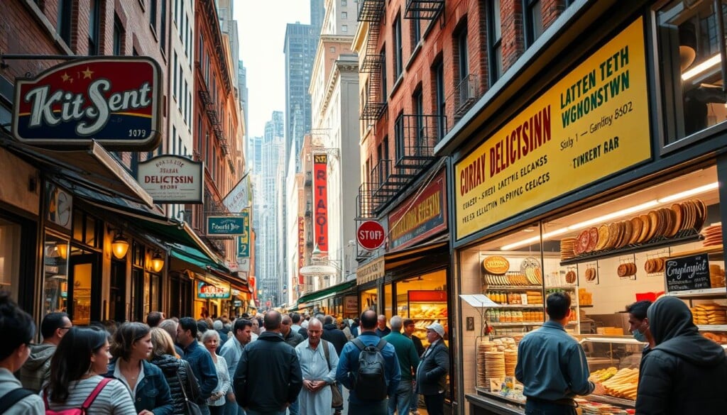 A bustling urban street filled with charming delicatessen shops, their facades adorned with vintage signage and colorful awnings. In the foreground, patrons spill out onto the sidewalk, examining display cases brimming with freshly sliced meats, artisanal cheeses, and rows of pickled delicacies. Warm lighting floods the scene, casting a welcoming glow upon the lively scene. In the middle ground, the interiors of the shops are visible through large windows, showcasing the skilled hands of deli workers crafting signature sandwiches and preparing to-go orders. The background is a skyline of towering buildings, hinting at the vibrant city life that surrounds these beloved neighborhood institutions.