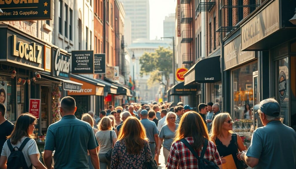 A bustling urban street filled with local businesses, their storefronts adorned with vibrant signage and decorations. In the foreground, a group of LocalZ community members engage in lively discussions, exchanging ideas and sharing their enthusiasm for supporting local enterprise. The scene is bathed in warm, golden sunlight, creating a sense of energy and vitality. In the middle ground, passersby stroll by, admiring the local shops and interacting with the engaged community. The background showcases the diverse architectural styles of the neighborhood, creating a visually rich and authentic setting. The overall atmosphere conveys a strong sense of community pride and the importance of local economic development.