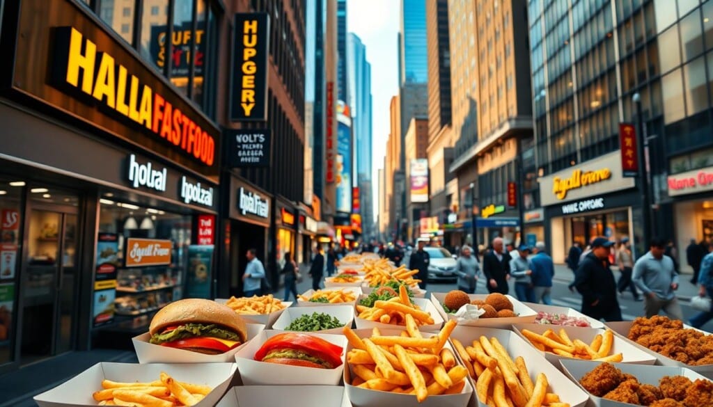 A bustling urban street, filled with the tantalizing aroma of halal fast food eateries. In the foreground, a vibrant display of colorful halal burgers, kebabs, and falafel, temptingly arranged in takeout containers. The middle ground features the storefronts of popular halal chains, with sleek signage and inviting facades. In the background, a dynamic cityscape with skyscrapers and bustling pedestrians, creating a lively, cosmopolitan atmosphere. The scene is bathed in warm, golden lighting, suggesting a comforting and appetizing mood. A perfect representation of the diverse and delicious halal fast food options available in the USA.