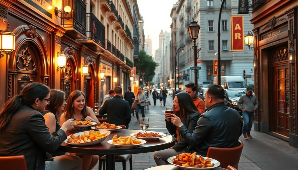 A bustling urban street in a vibrant city, the sidewalks lined with cozy tapas bars, their warm lighting spilling onto the pavement. In the foreground, a group of friends gathered around a high-top table, savoring small plates of traditional Spanish fare - sizzling garlic shrimp, crisp patatas bravas, paper-thin slices of jamón ibérico. The middle ground features the ornate facades of the tapas bars, their carved wooden doors and wrought-iron accents evoking the charm of old Madrid. In the background, a hazy skyline of skyscrapers and iconic landmarks, the scene bathed in a golden hour glow. The overall atmosphere is lively, convivial, and distinctly cosmopolitan, capturing the essence of the top tapas bars in major US cities.