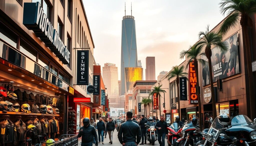 A bustling urban street in the heart of Los Angeles, lined with premium motorcycle gear shops. Sleek, chrome-accented signage and large display windows showcase an array of high-quality leather jackets, helmets, and riding apparel. The warm, golden-hour lighting casts a vibrant glow, highlighting the polished surfaces and intricate details of the merchandise. In the foreground, a group of enthusiasts admire the latest models on the showroom floor, while in the background, the iconic skyline of downtown LA rises against a hazy, atmospheric sky. The scene conveys a sense of excitement and passion for the motorcycling lifestyle, capturing the essence of the city's top-tier motorcycle gear destinations.