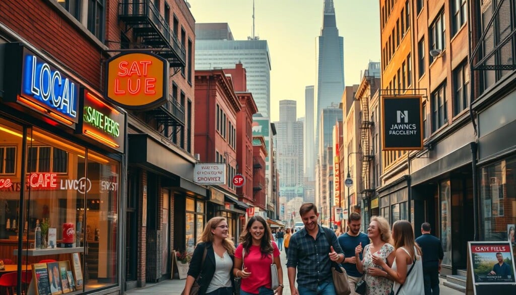 A bustling urban street, its sidewalks lined with vibrant local businesses. Neon signs and storefront displays beckon passersby, showcasing the diverse offerings of neighborhood shops, cafes, and services. In the foreground, a group of friends animatedly discuss their latest local discovery, their faces aglow with a sense of community and engagement. The mid-ground features a mix of modern and vintage architecture, hinting at the blend of tradition and innovation that defines the area. In the background, towering skyscrapers and a gleaming skyline suggest a future where local enterprises thrive alongside the trappings of a dynamic, tech-driven metropolis. Warm, natural lighting casts a welcoming glow, evoking a sense of energy, optimism, and the endless possibilities of the neighborhood's future.