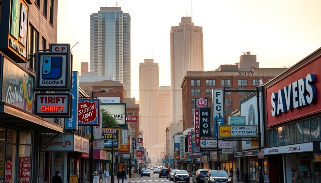 A bustling urban street, lined with a diverse array of iconic thrift store facades. In the foreground, vibrant neon signs and weathered storefront windows showcase the unique character of popular thrift chains like Goodwill, Salvation Army, and Savers. The mid-ground features pedestrians and vehicles, capturing the lively energy of these thrifting hubs. The background is dominated by towering skyscrapers and a hazy, golden hour sky, creating a warm, nostalgic atmosphere. The scene is captured with a wide-angle lens, emphasizing the scale and variety of these beloved thrift store institutions.