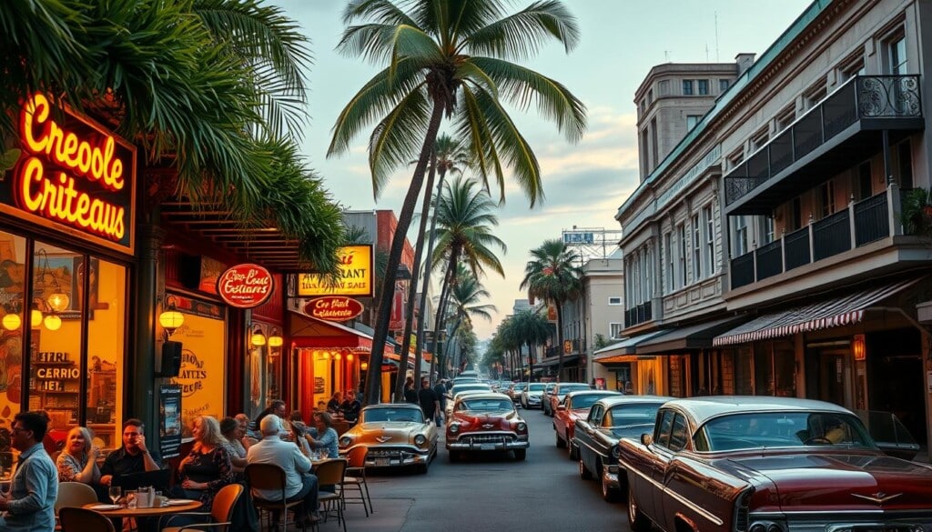 A bustling urban street lined with local Creole restaurants, their vibrant facades adorned with colorful murals and neon signs. In the foreground, people dining al fresco at cozy outdoor tables, savoring the aroma of sizzling gumbo and jambalaya. Warm, golden lighting filters through the windows, casting a welcoming glow. In the middle ground, vintage Cadillacs and Buicks are parked along the curb, adding to the nostalgic, neighborhood vibe. The background features towering palm trees swaying gently, and the iconic architecture of the neighborhood, hinting at the rich cultural heritage. The overall scene exudes the inviting atmosphere of a thriving, tight-knit community centered around its local Creole culinary tradition.
