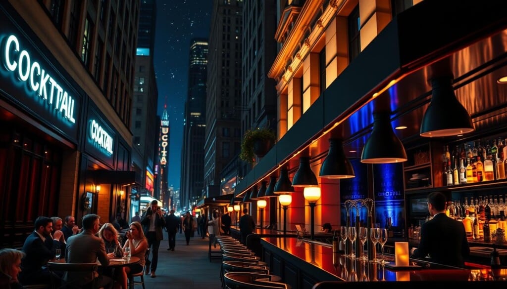 A bustling urban street lined with neon-lit cocktail lounges, their facade windows beckoning passersby with a warm, inviting glow. In the foreground, a group of stylishly dressed patrons sipping craft cocktails at a cozy outdoor patio, while in the middle ground, the silhouettes of bartenders skillfully mixing drinks behind sleek, polished bars. The background showcases the vibrant nightlife of the city, with high-rise buildings and a starry sky overhead, creating a sophisticated, yet relaxed atmosphere. Soft, dramatic lighting casts dramatic shadows, accentuating the elegant curves of the architecture and the intimate ambiance of the cocktail shops.